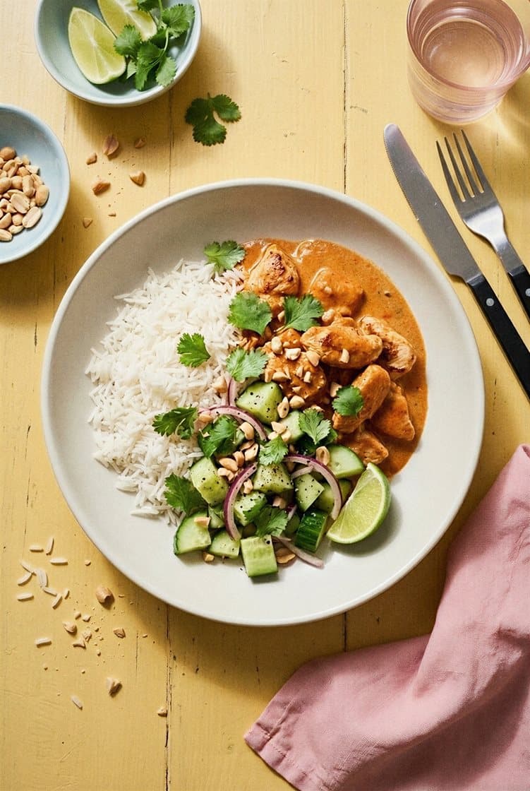 Nopea chicken tikka masala kurkkusalaatilla, maapähkinöillä ja korianterilla