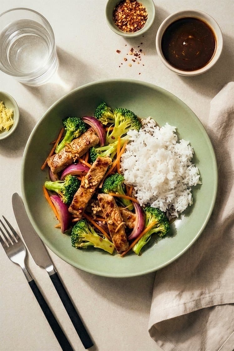 Hoisin chili -wokki possulla, parsakaalilla ja valkosipulilla