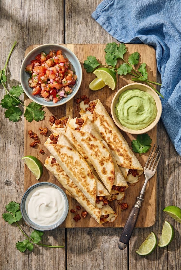 Taquitos chorizomassalla, guacamolella, tomaattisalsalla ja korianterilla