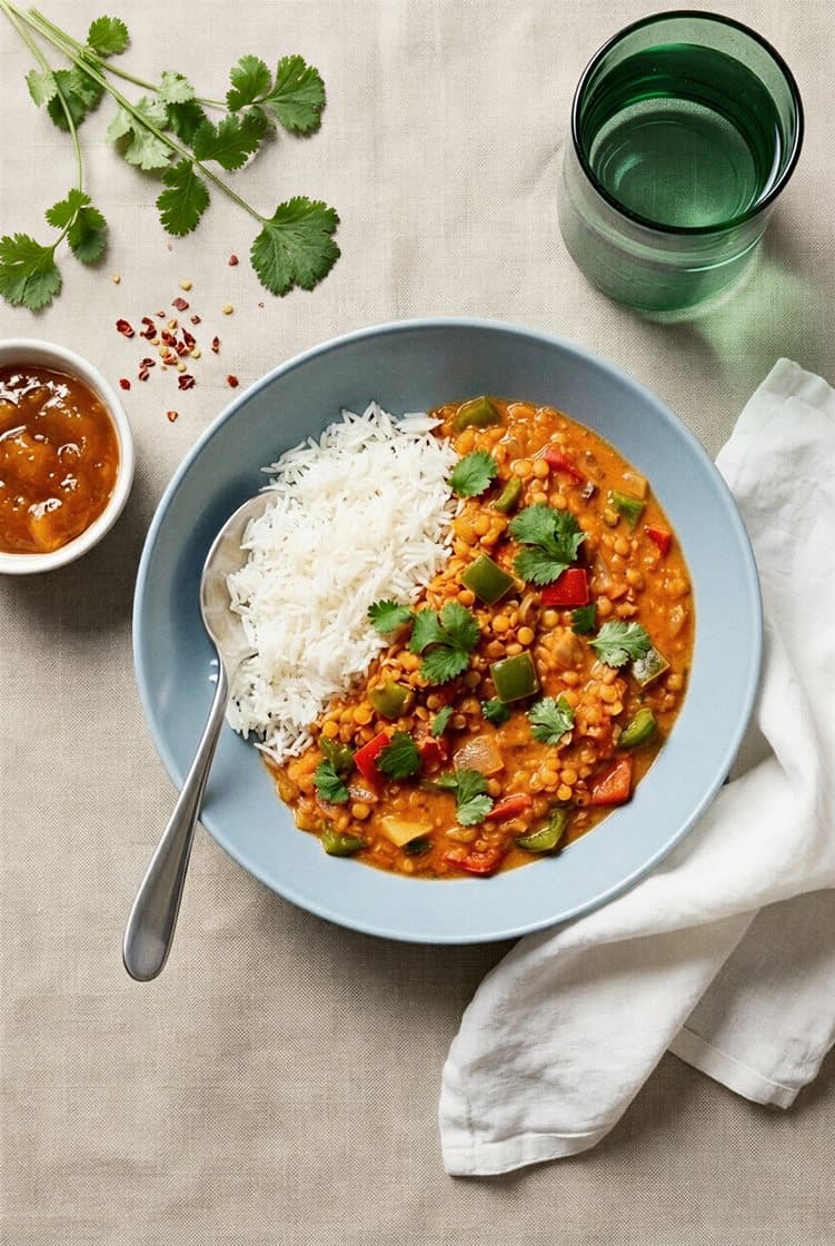 Intialainen linssipata mangochutneyn ja tuoreen korianterin kanssa