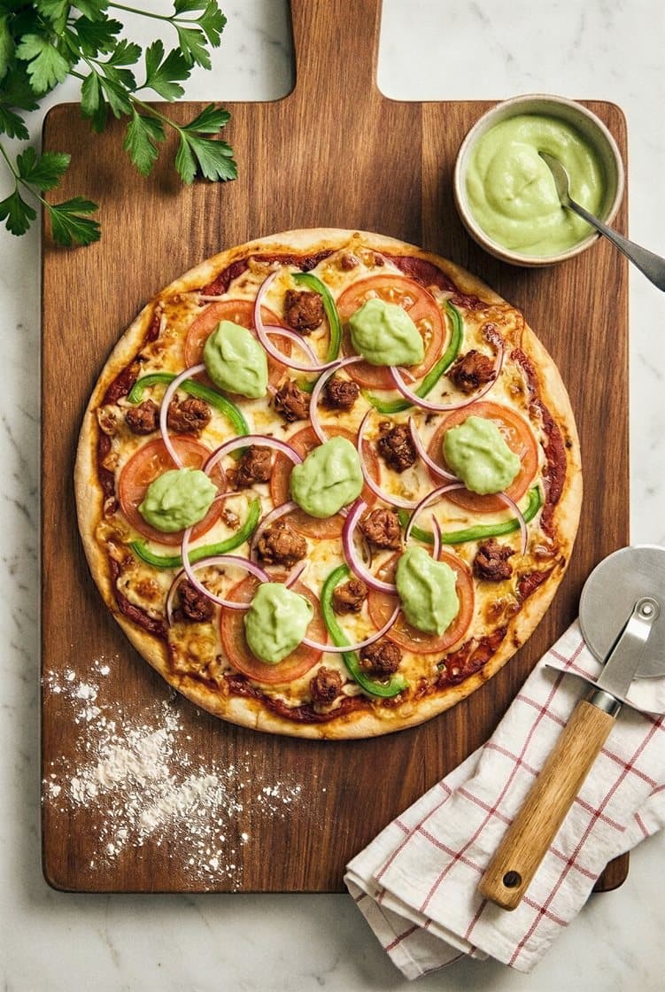 Texmex-pizza chorizolla ja avokadokreemillä