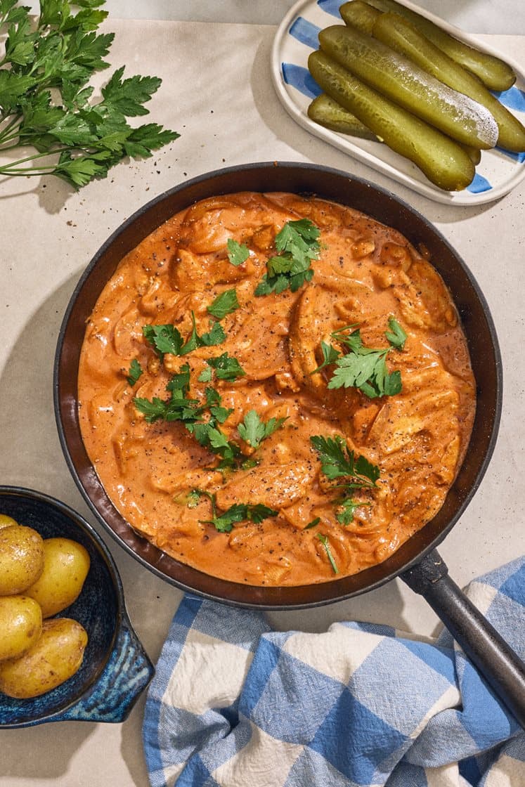 Kana stroganoff dijonsinapin, suolakurkun ja ranskankerman kanssa