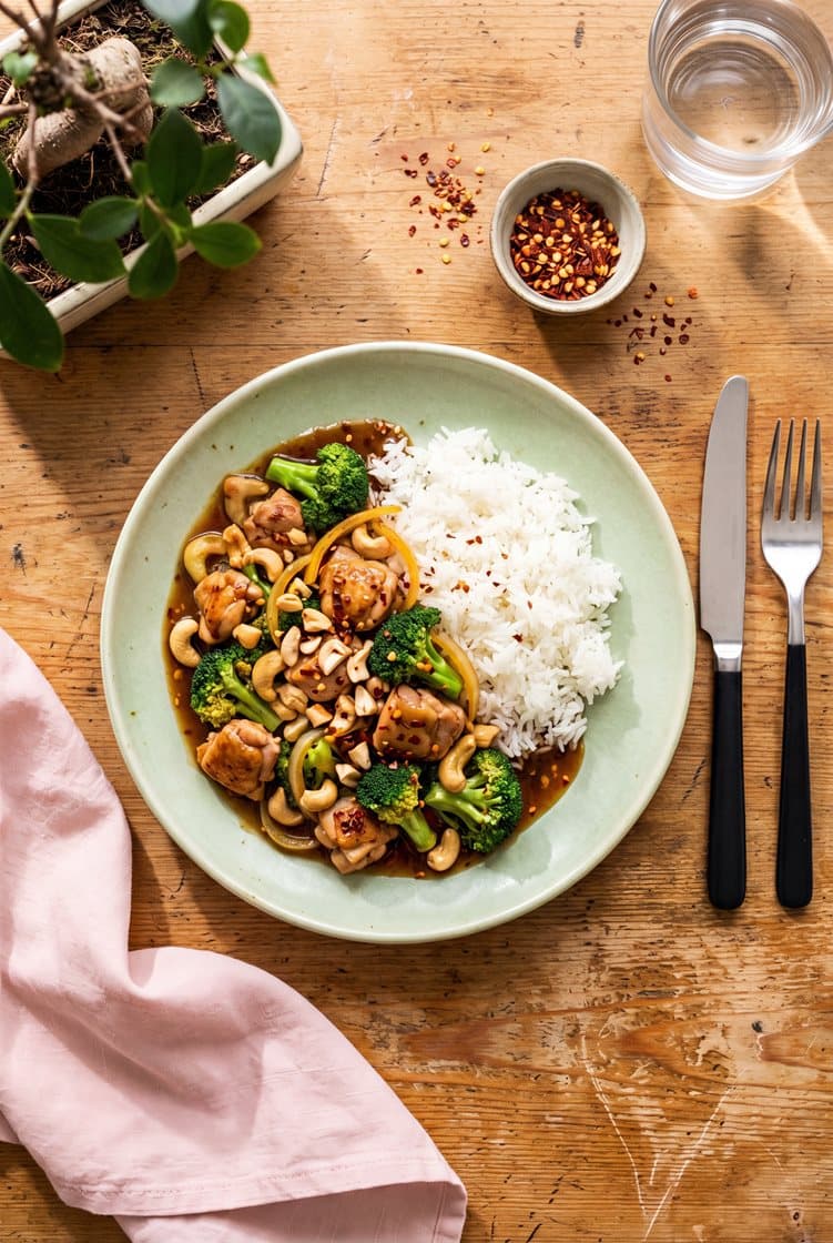 Cashew chicken parsakaalin ja jasmiiniriisin kanssa