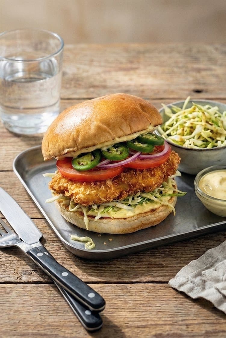 Crispy chicken burger jalapeñolla, punasipulilla ja bearnaisekastikkeella